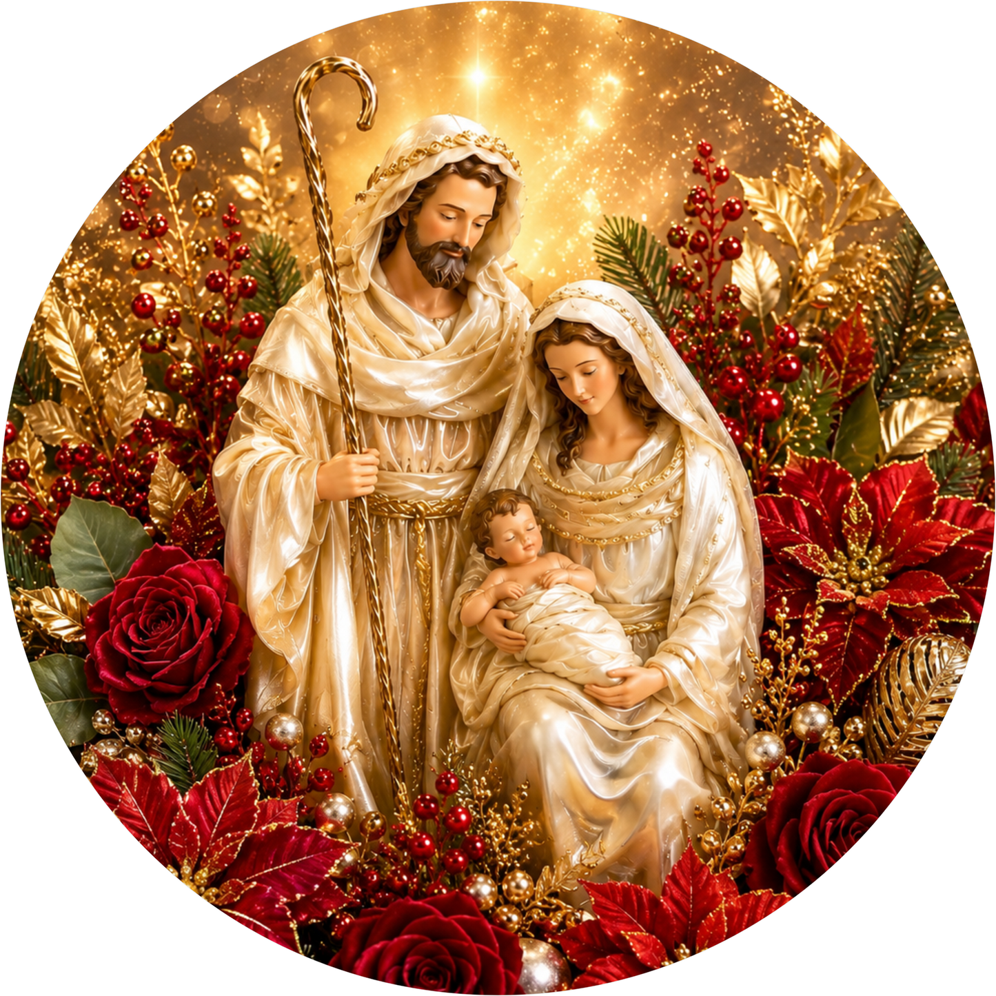 White and Red Nativity — Christmas Round Wreath Sign