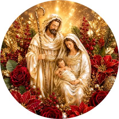 White and Red Nativity — Christmas Round Wreath Sign