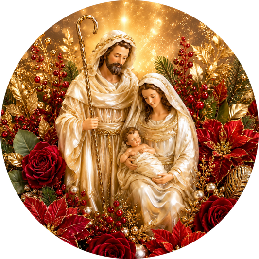 White and Red Nativity — Christmas Round Wreath Sign