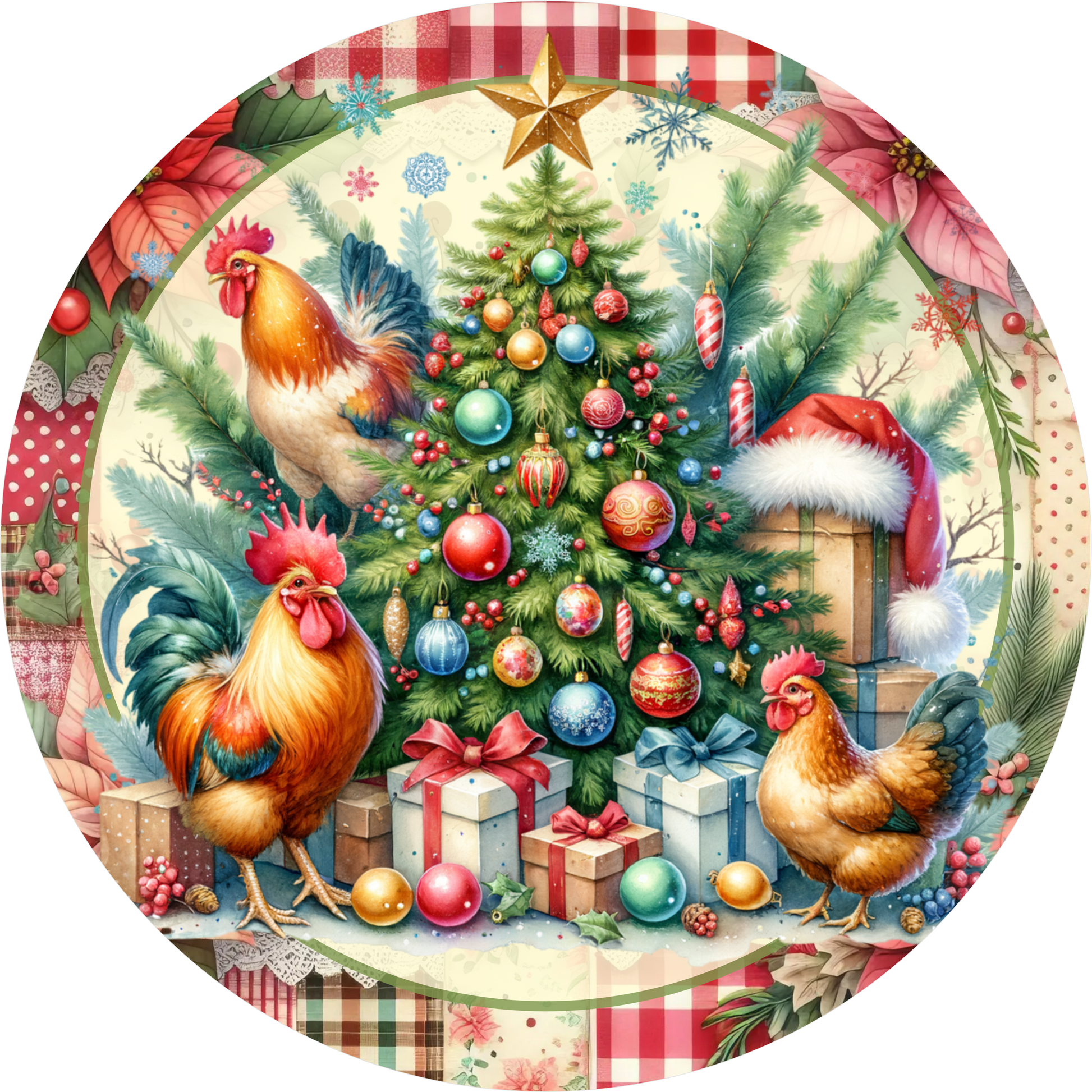 Roosters Gathered Around the Christmas Tree — Round Wreath Sign