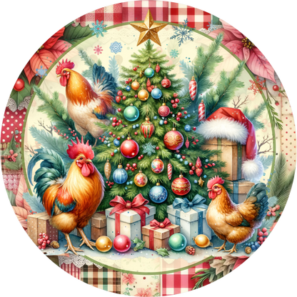 Roosters Gathered Around the Christmas Tree — Round Wreath Sign