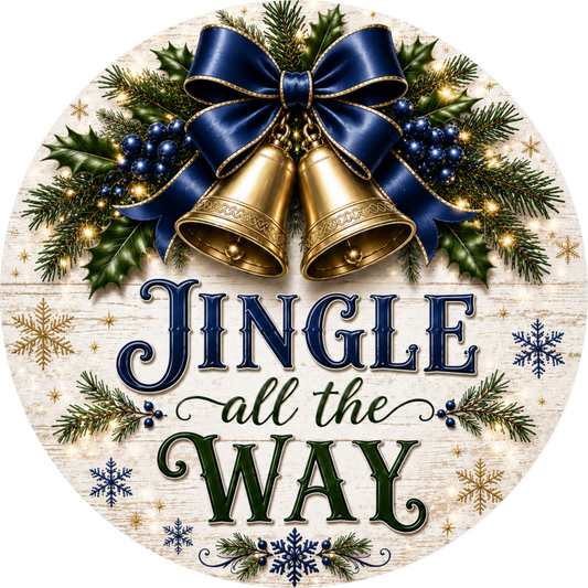 Jingle All the Way in Blue — Christmas Round Wreath Sign
