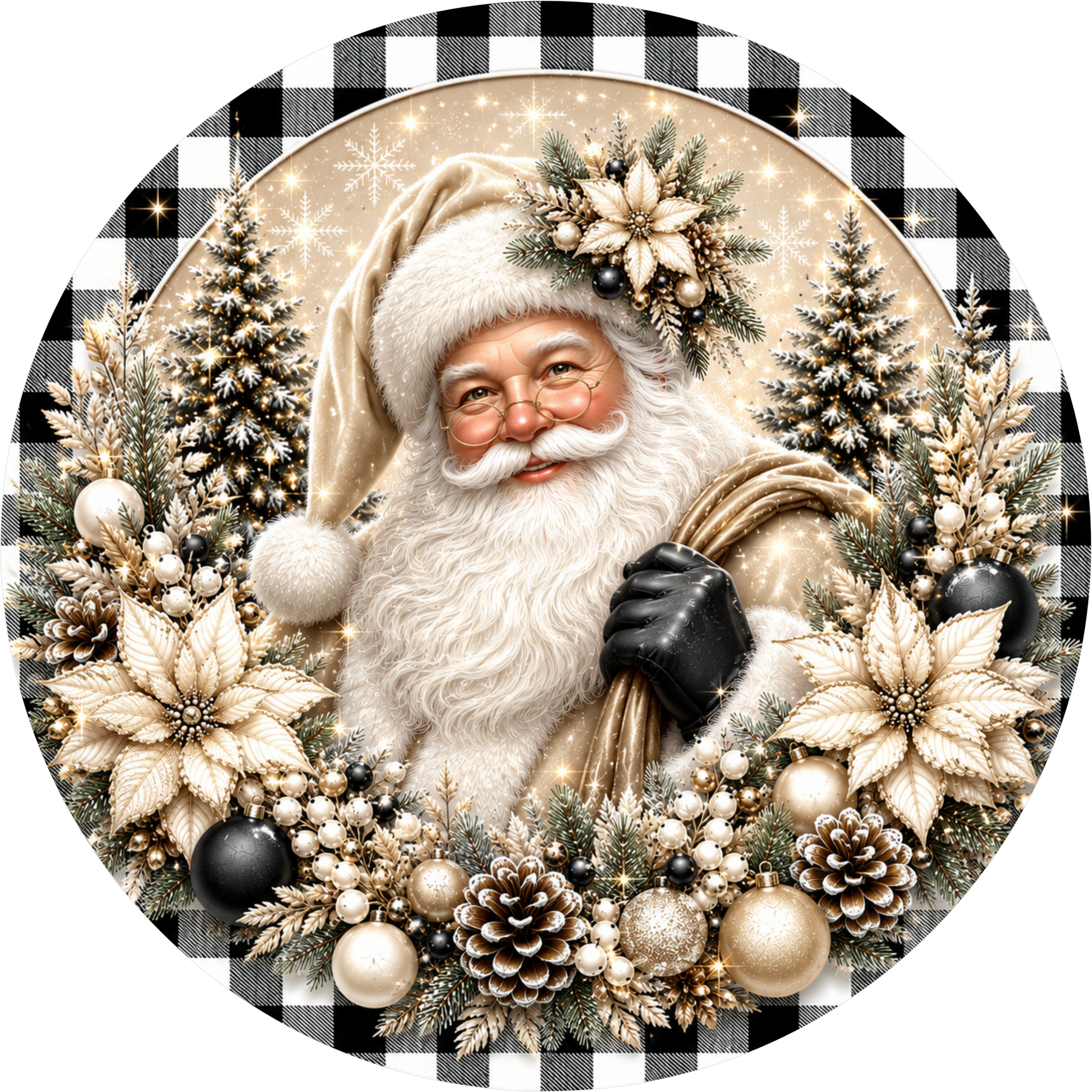 Santa with White Poinsettias — Christmas Round Wreath Sign