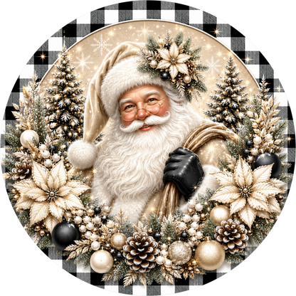 Santa with White Poinsettias — Christmas Round Wreath Sign