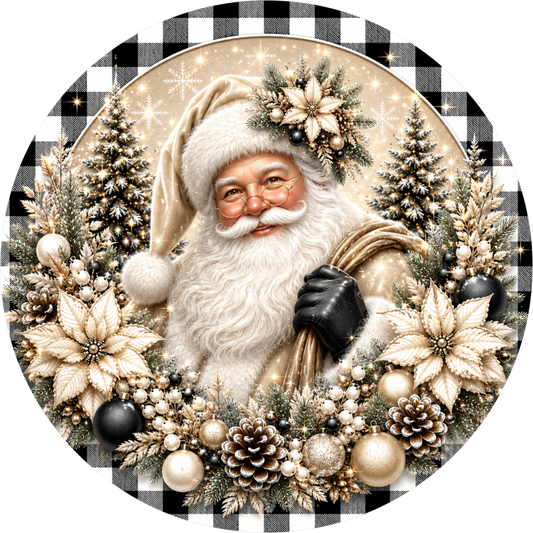 Santa with White Poinsettias — Christmas Round Wreath Sign