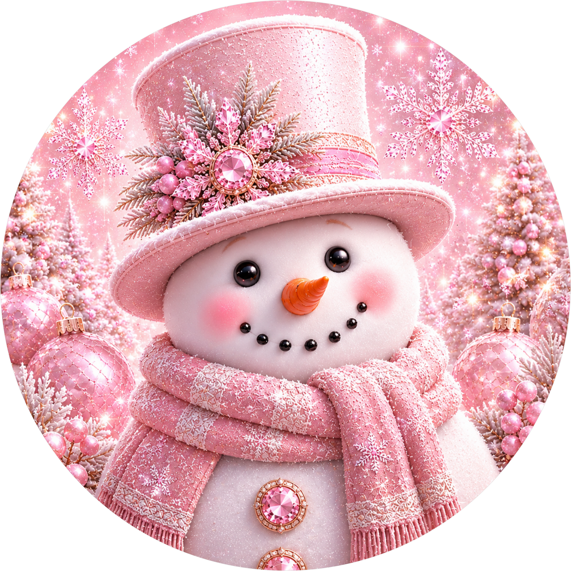 Pink Snowman — Winter Round Wreath Sign