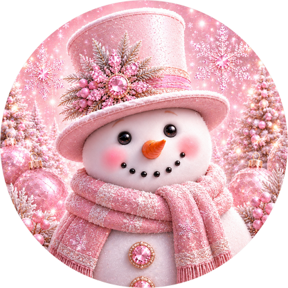 Pink Snowman — Winter Round Wreath Sign