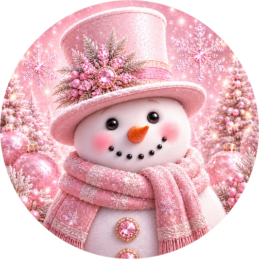 Pink Snowman — Winter Round Wreath Sign