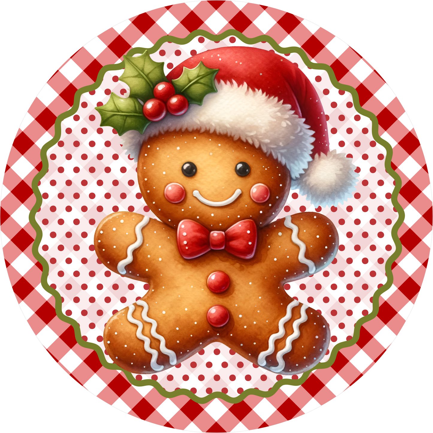 Red and White Gingerbread — Christmas Round Wreath Sign
