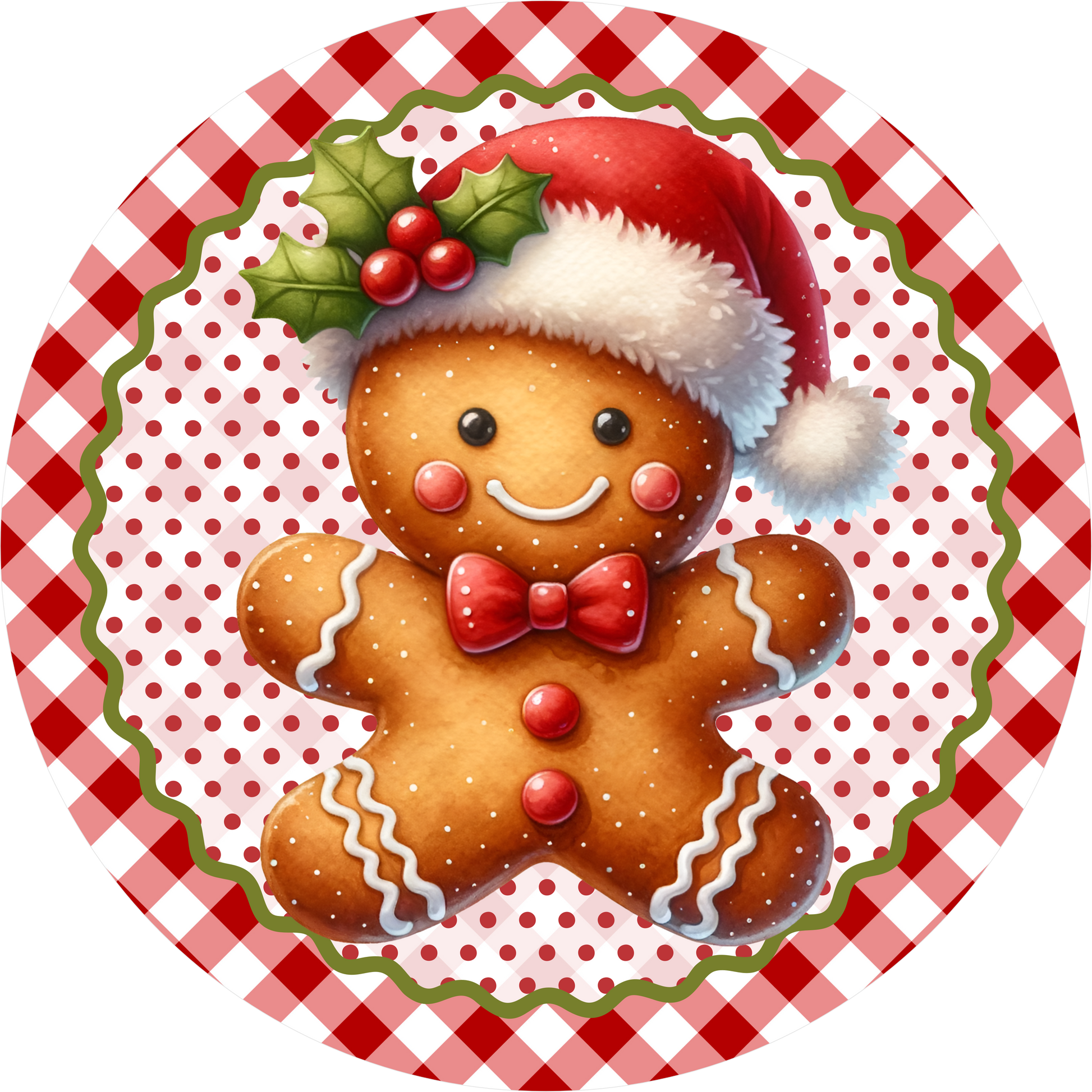 Red and White Gingerbread — Christmas Round Wreath Sign