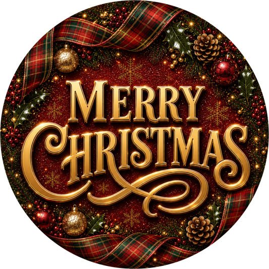 Merry in Tartan Plaid — Christmas Round Wreath Sign
