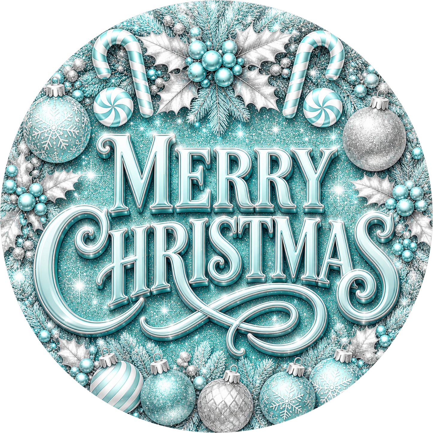 Merry in Aqua — Christmas Round Wreath Sign