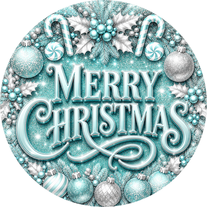 Merry in Aqua — Christmas Round Wreath Sign