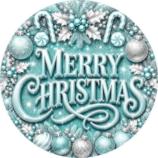 Merry in Aqua — Christmas Round Wreath Sign