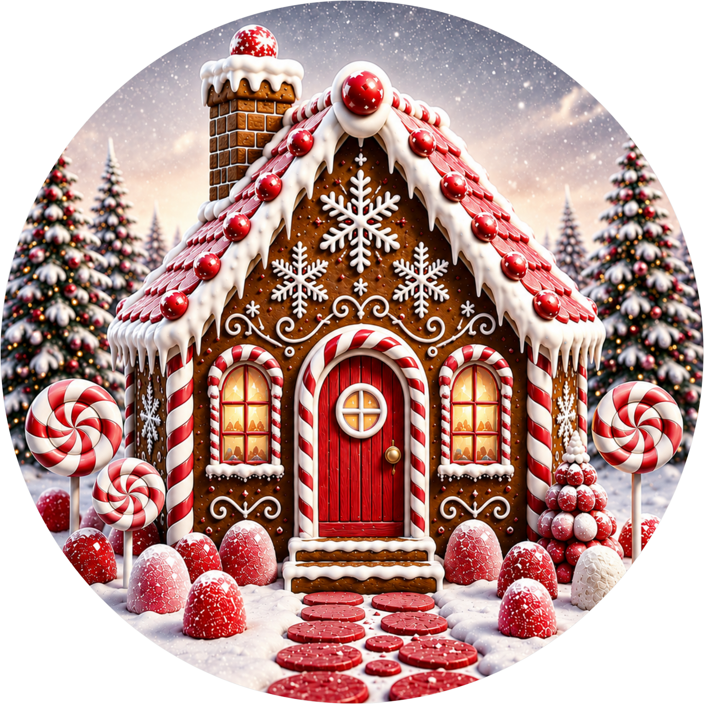 Gingerbread House in Red — Christmas Round Wreath Sign