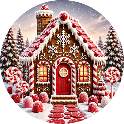 Gingerbread House in Red — Christmas Round Wreath Sign