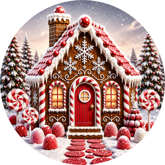 Gingerbread House in Red — Christmas Round Wreath Sign