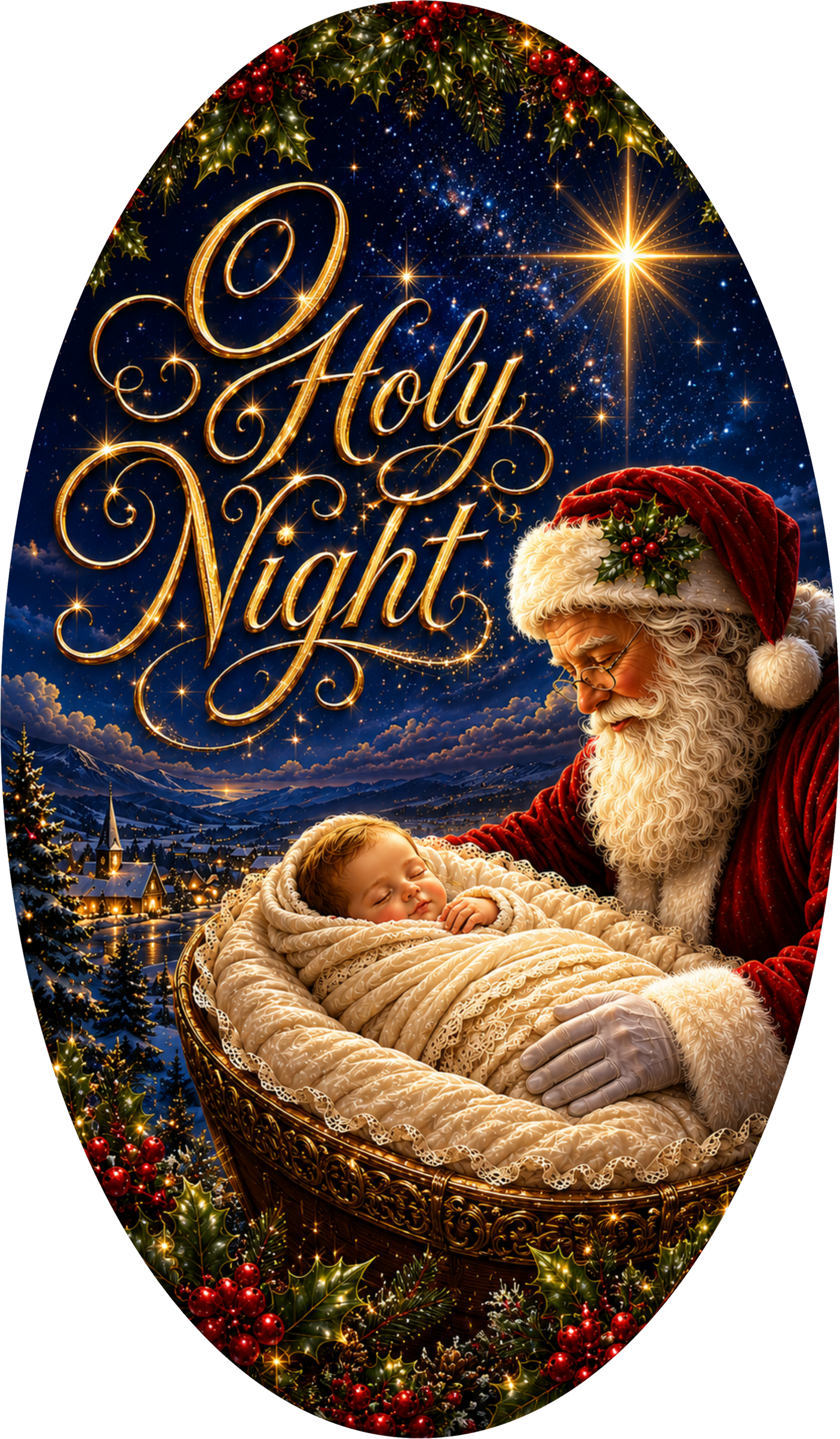 Santa and Jesus — Christmas Oval Wreath Sign