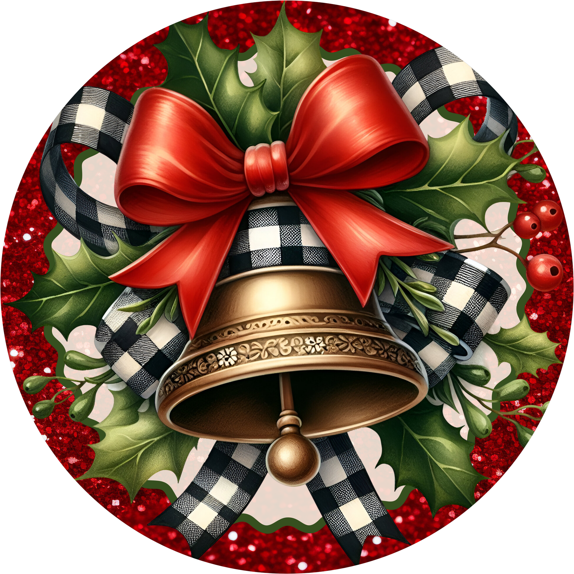 Bell Wrapped in a Red Bow — Christmas Round Wreath Sign