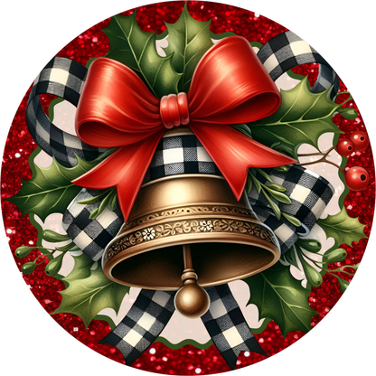 Bell Wrapped in a Red Bow — Christmas Round Wreath Sign
