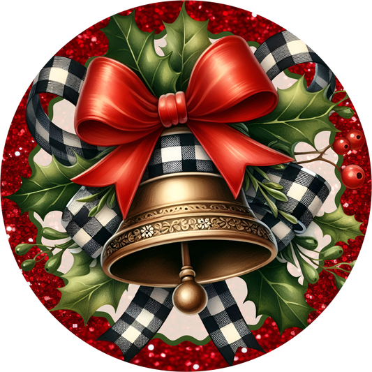 Bell Wrapped in a Red Bow — Christmas Round Wreath Sign