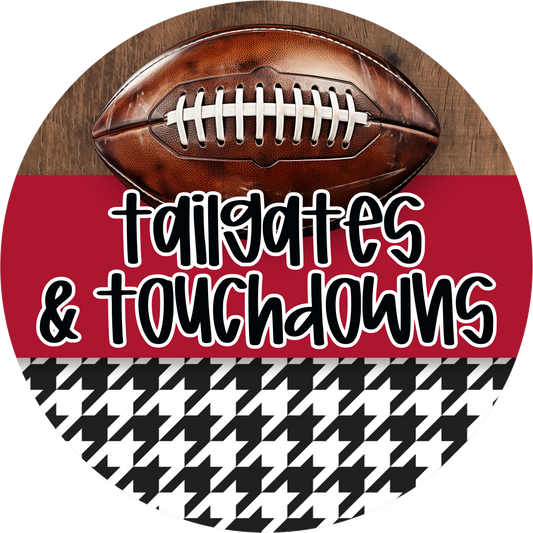 Tailgates and Touchdowns Football Houndstooth Wood Round Wreath Sign