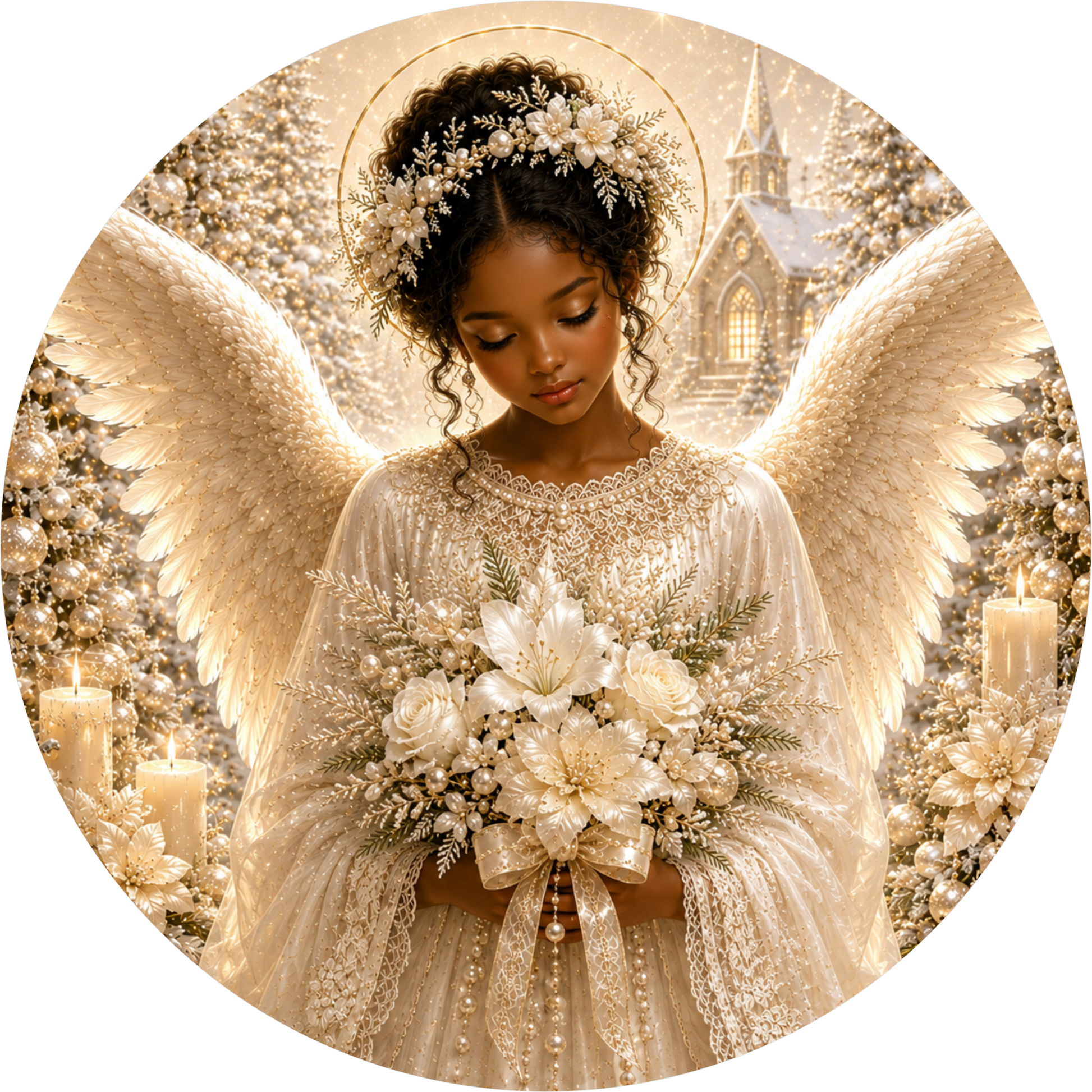 White and Black Angel Girl — Christmas Round Wreath Sign