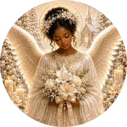 White and Black Angel Girl — Christmas Round Wreath Sign
