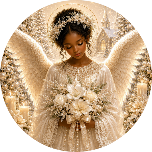 White and Black Angel Girl — Christmas Round Wreath Sign