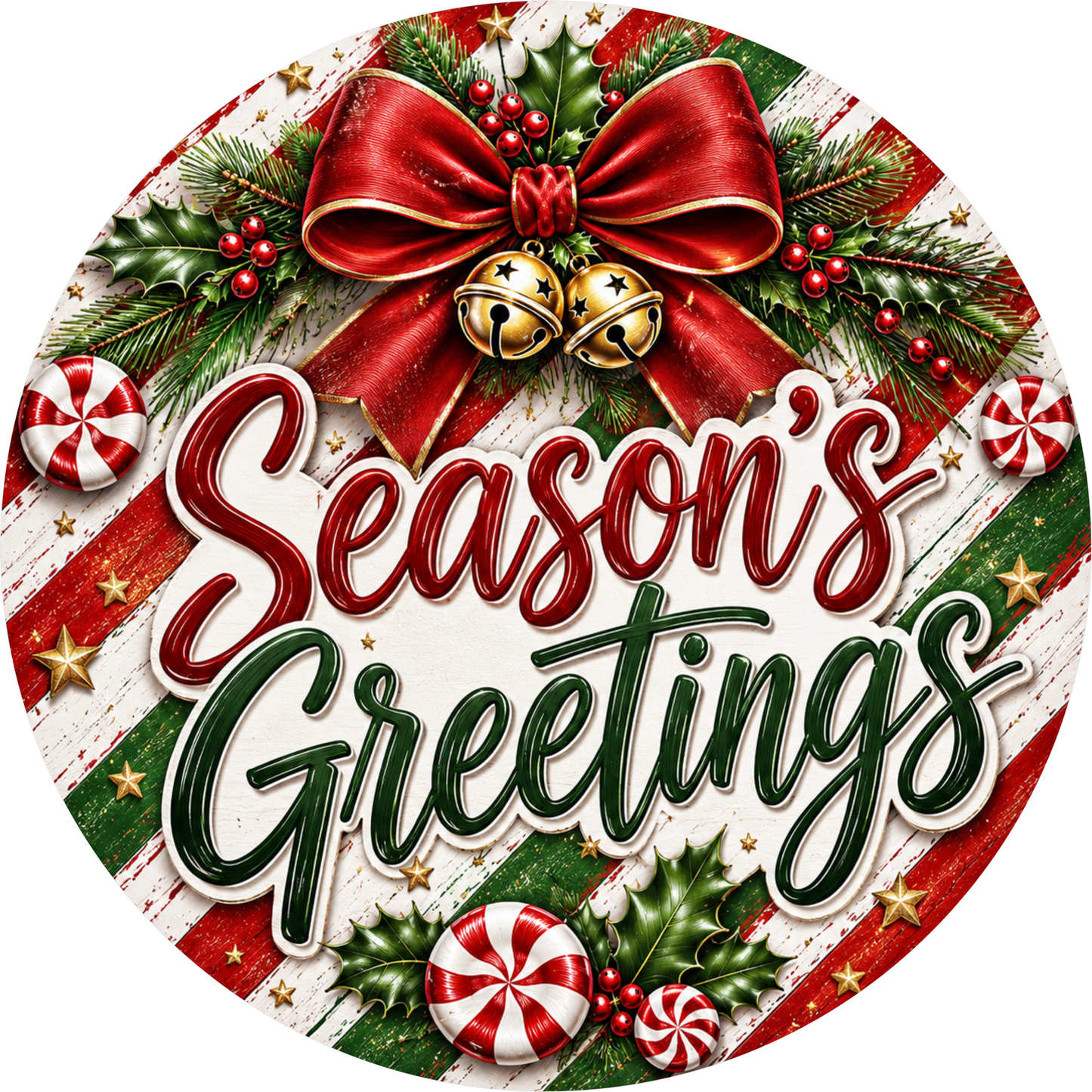 Season's Greetings in Peppermint — Christmas Round Wreath Sign