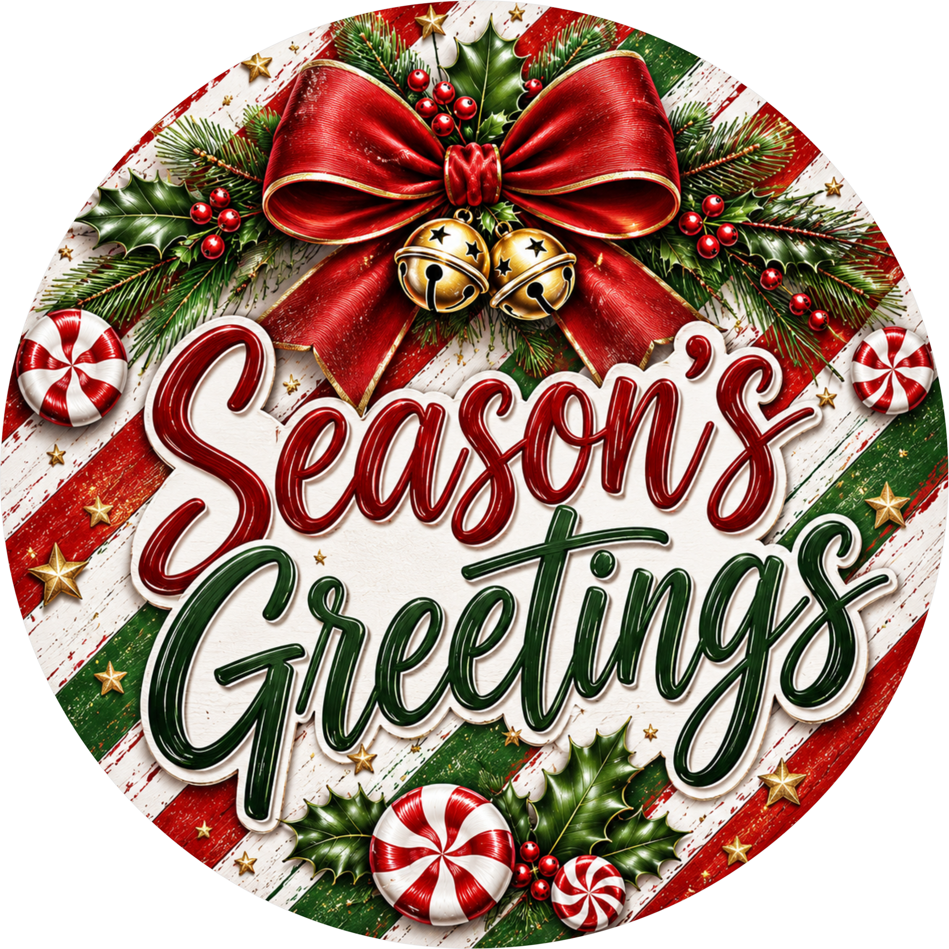 Season's Greetings in Peppermint — Christmas Round Wreath Sign