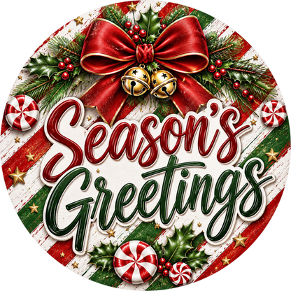 Season's Greetings in Peppermint — Christmas Round Wreath Sign
