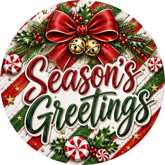 Season's Greetings in Peppermint — Christmas Round Wreath Sign