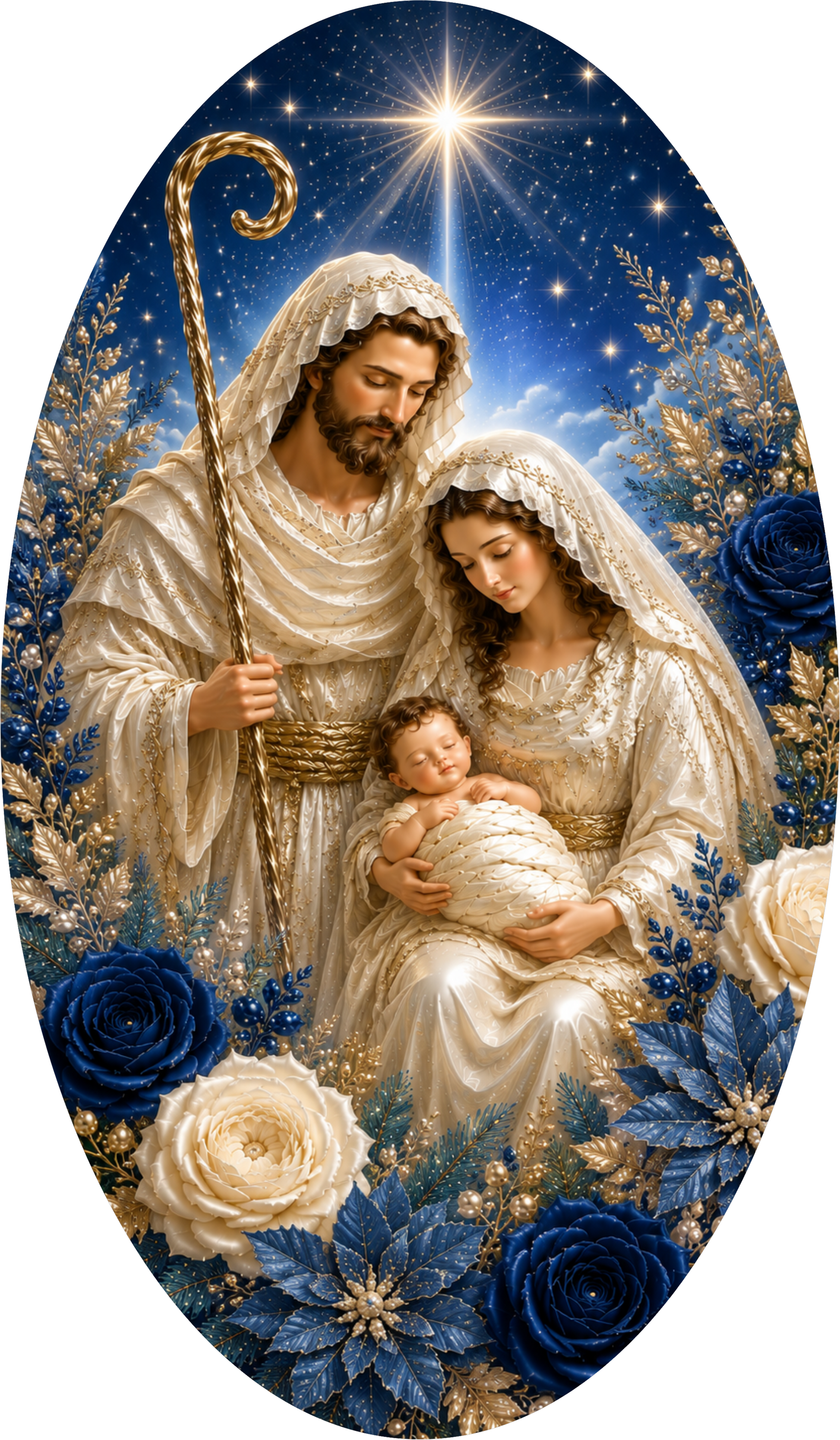 Blue Nativity — Christmas Oval Wreath Sign