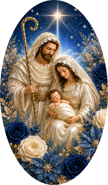 Blue Nativity — Christmas Oval Wreath Sign