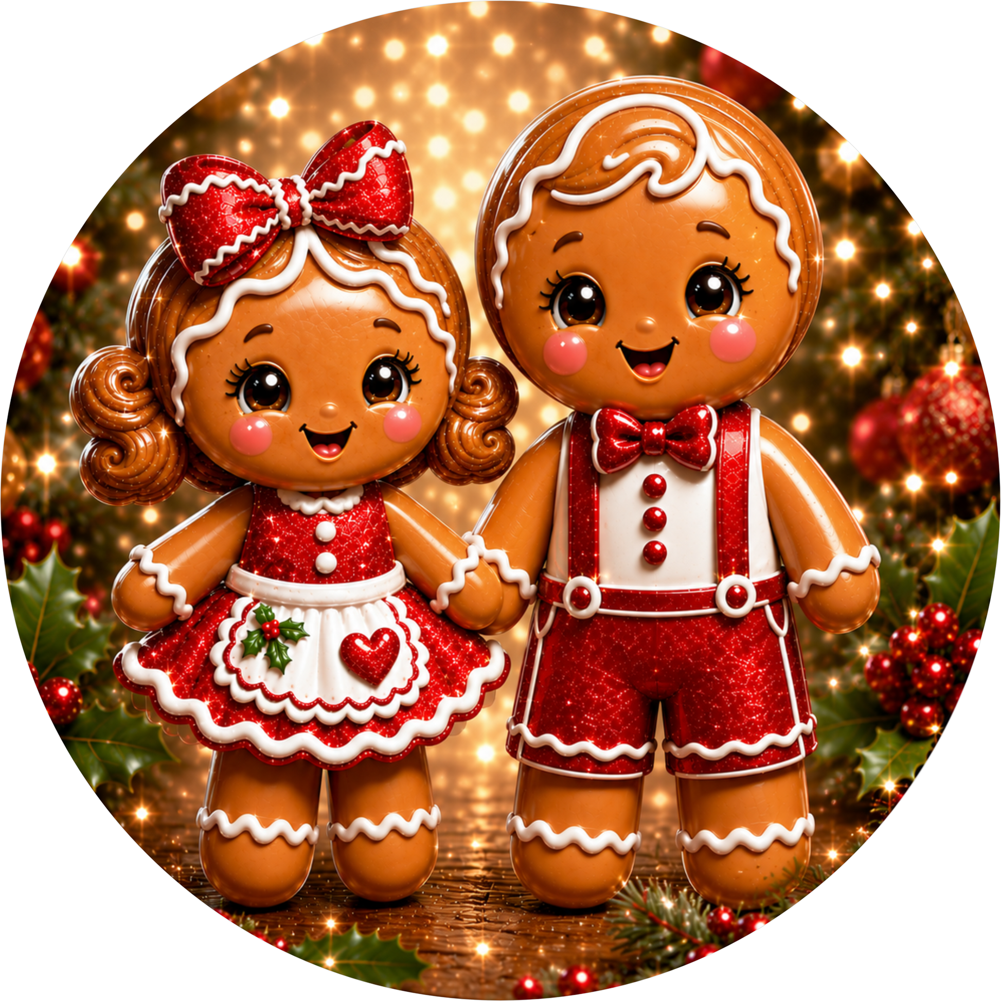 Gingerbread Boy and Girl Couple — Christmas Round Wreath Sign