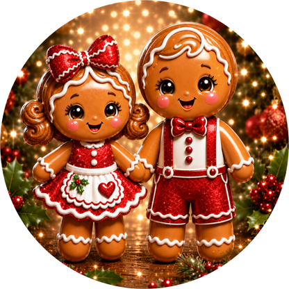 Gingerbread Boy and Girl Couple — Christmas Round Wreath Sign
