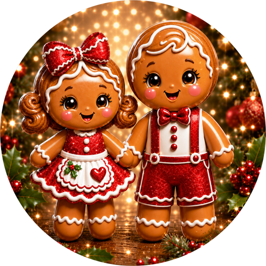 Gingerbread Boy and Girl Couple — Christmas Round Wreath Sign