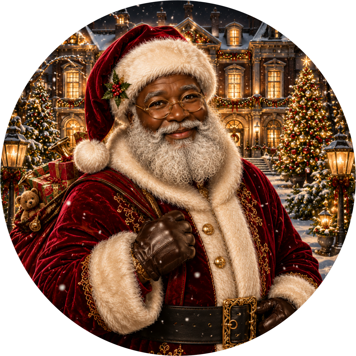 Black Santa — Christmas Round Wreath Sign