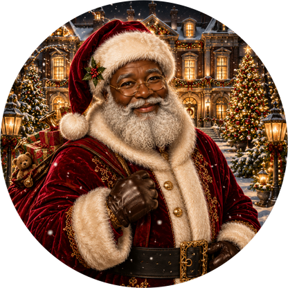 Black Santa — Christmas Round Wreath Sign