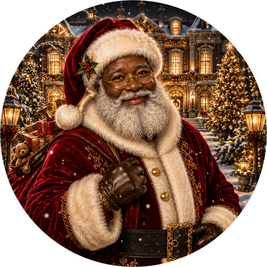 Black Santa — Christmas Round Wreath Sign