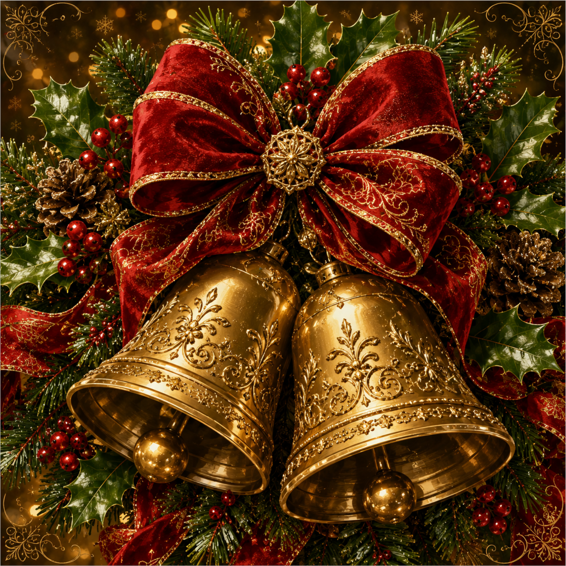 Gold Bells on Red Velvet — Christmas Square Wreath Sign