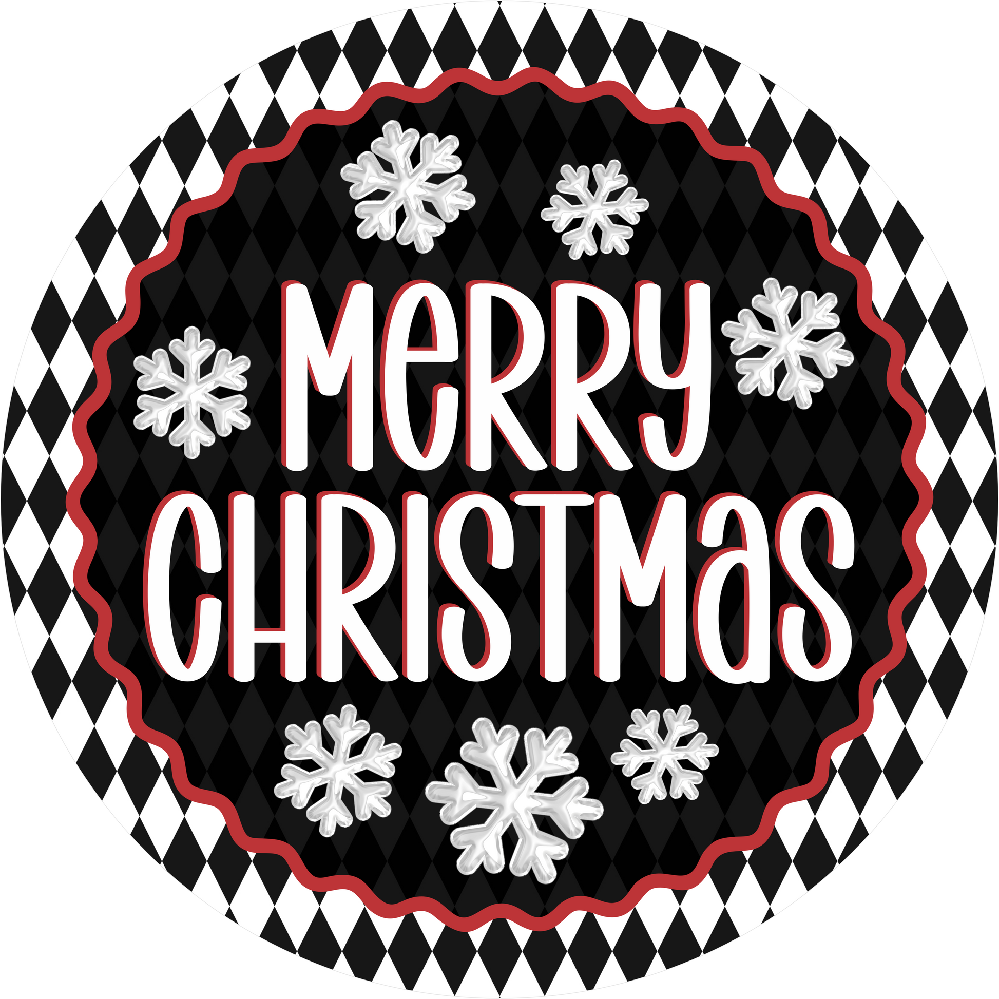 Merry on Black and White Harlequin — Christmas Round Wreath Sign