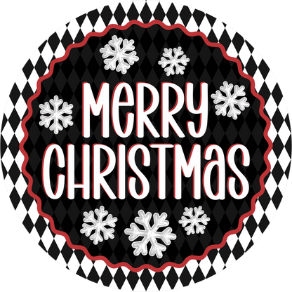 Merry on Black and White Harlequin — Christmas Round Wreath Sign