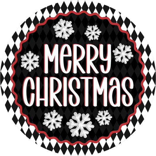 Merry on Black and White Harlequin — Christmas Round Wreath Sign