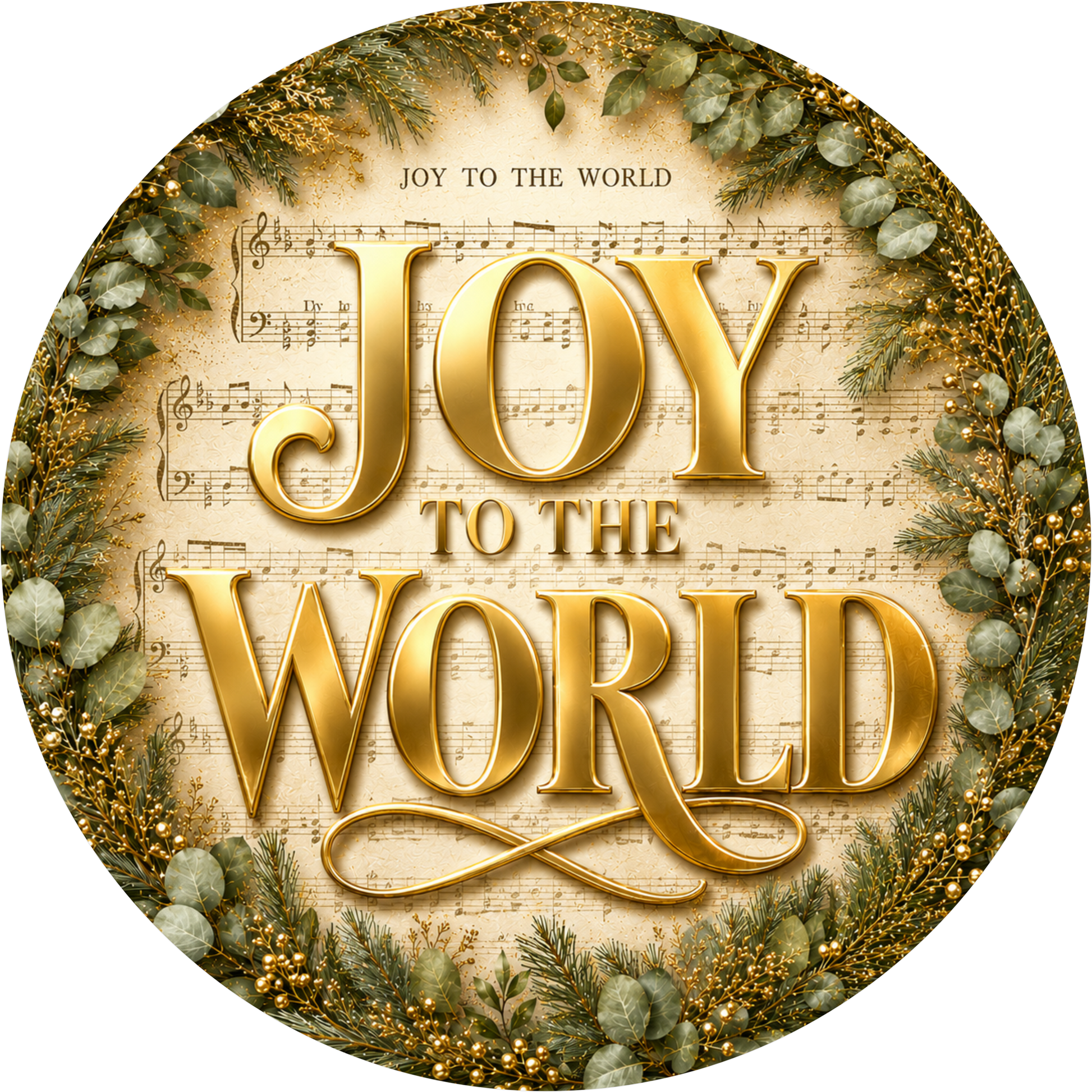 Joy to the World in Green and Gold — Christmas Round Wreath Sign