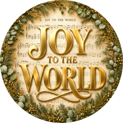 Joy to the World in Green and Gold — Christmas Round Wreath Sign