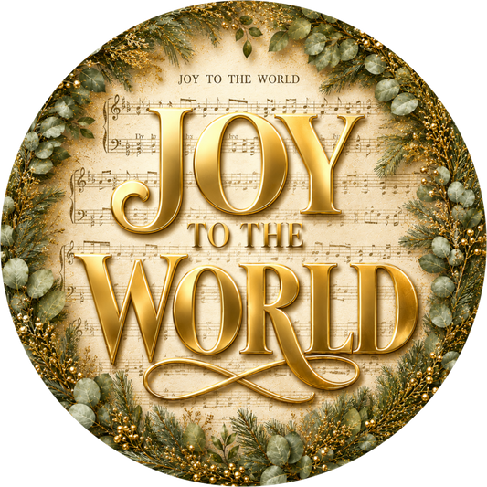 Joy to the World in Green and Gold — Christmas Round Wreath Sign