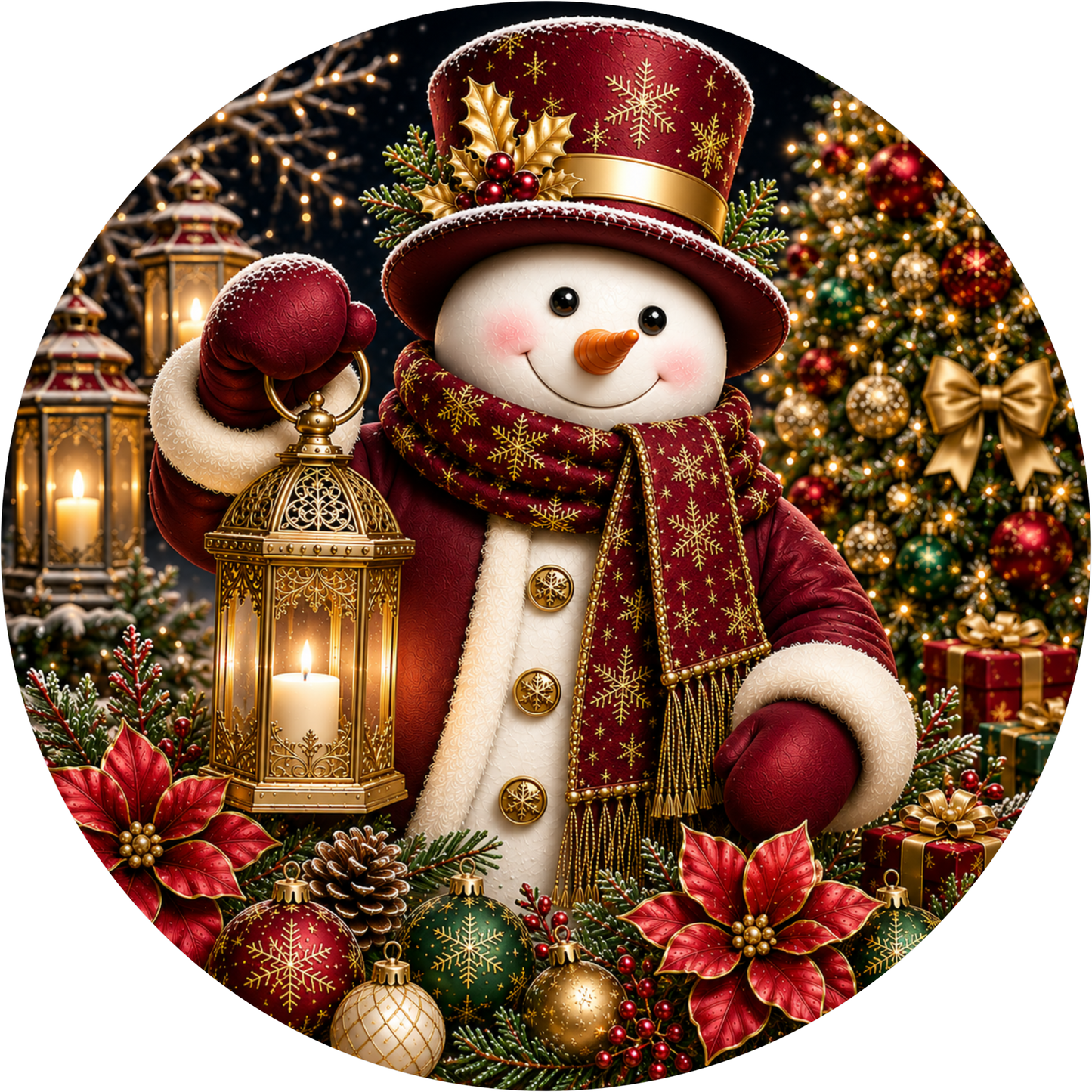 Snowman with His Red and Gold Lantern — Winter Round Wreath Sign