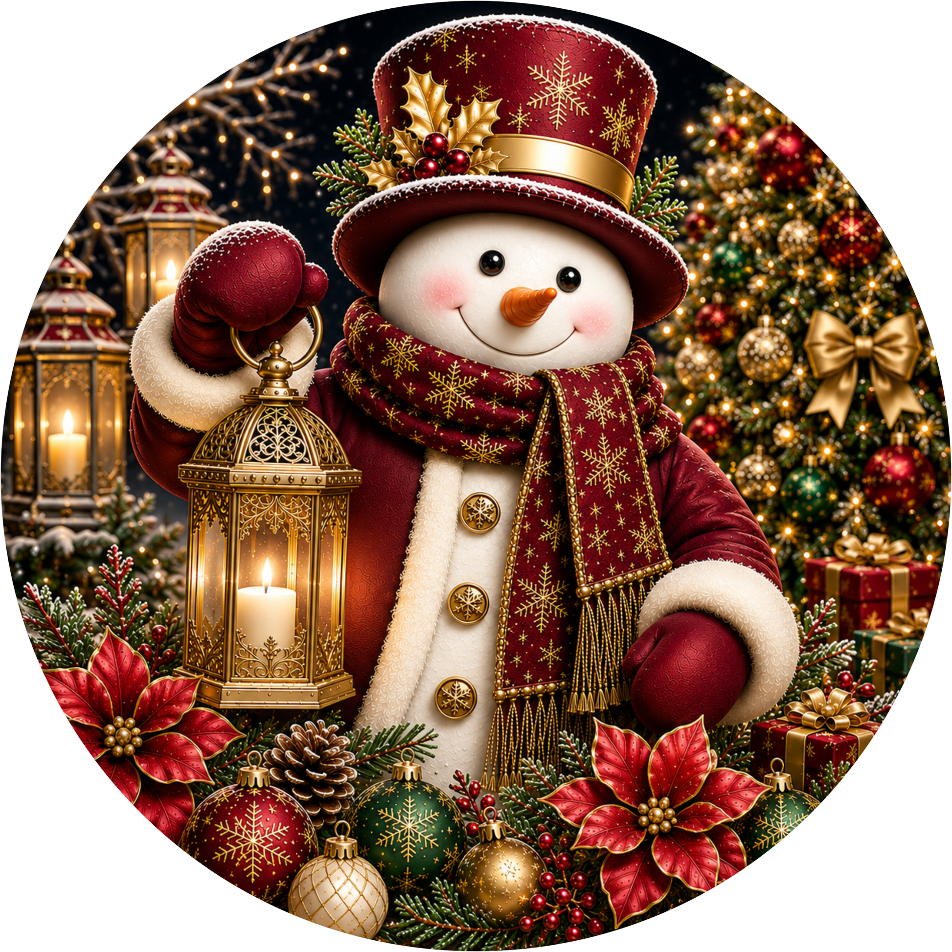 Snowman with His Red and Gold Lantern — Winter Round Wreath Sign